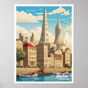 Baku Azerbaijan Art Vintage Travel Illustration Poster