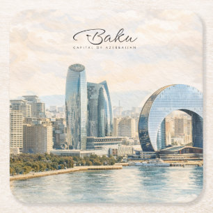 Baku Azerbaijan Capital Watercolor Travel Gift Square Paper Coaster