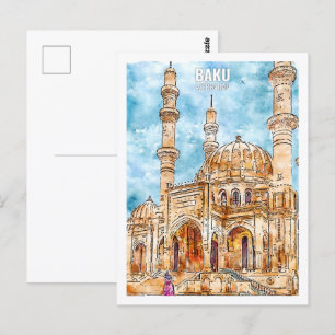 Baku Azerbaijan Travel Place Watercolor Postcard