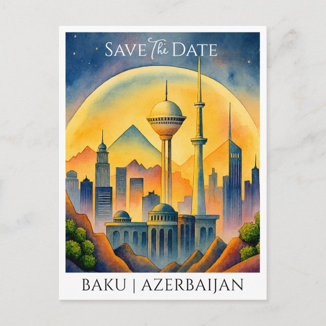 Baku Azerbaijan Watercolor Save the Date Postcard (Front)
