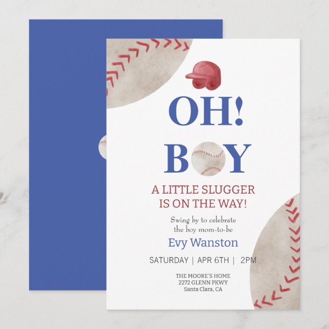 Bal de baseball Oh, invitation baby shower garçon (Devant / Derrière)