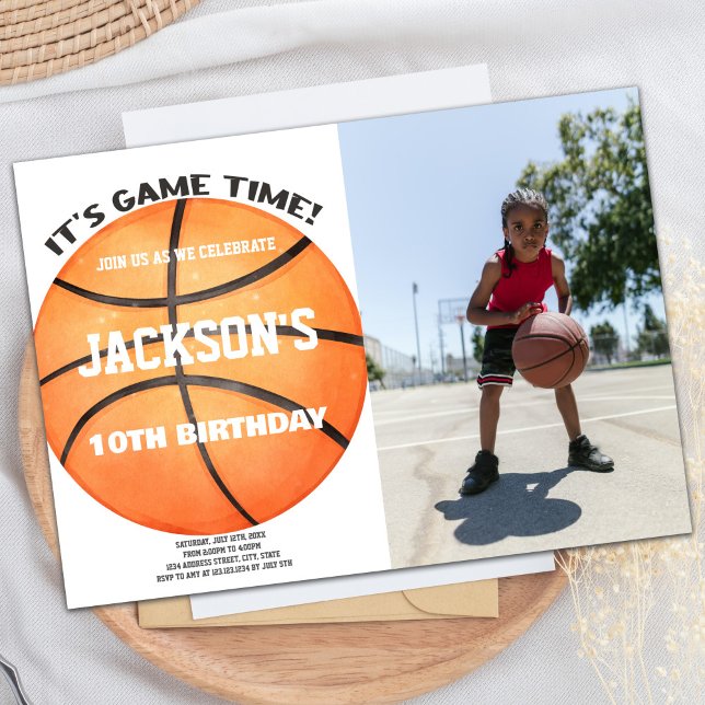 Bal photo plein Basketball Ball Invitations blanch (Full Ball Photo Basketball Ball White Invitations)