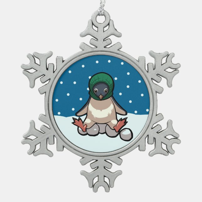 Balaclava Penguin Funny Christmas Snowball Cartoon Snowflake Pewter Christmas Ornament (Front)