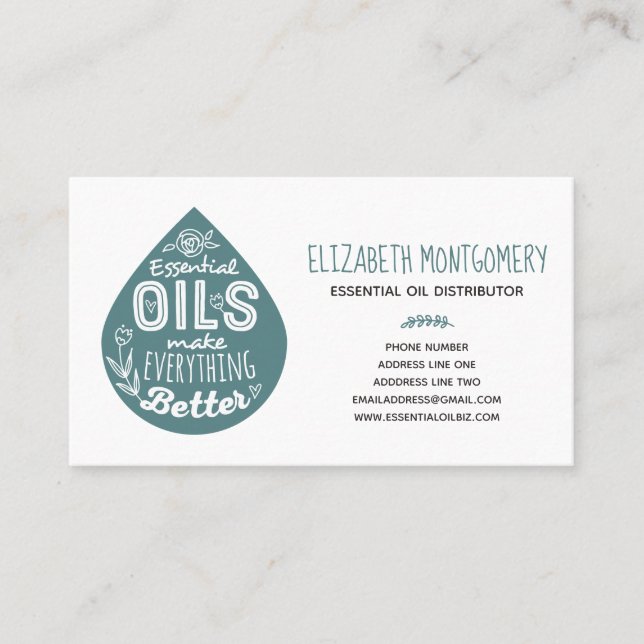 Balance Teal Essential Oil Drop Business Card (Front)
