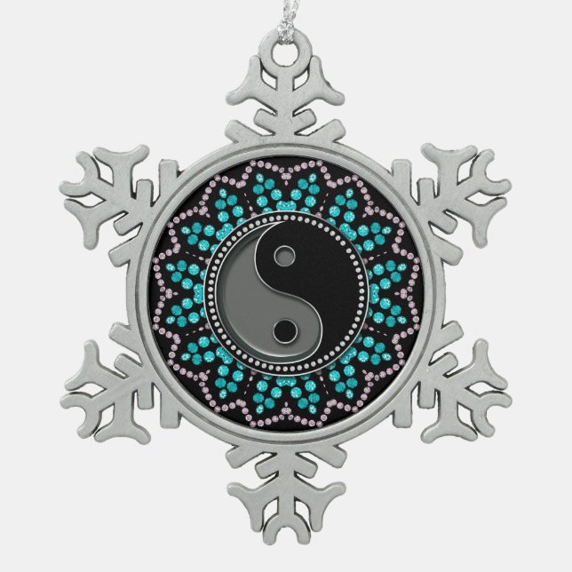 Balance YinYang Aqua Black New Age Sparkle Snowflake Pewter Christmas Ornament (Front)