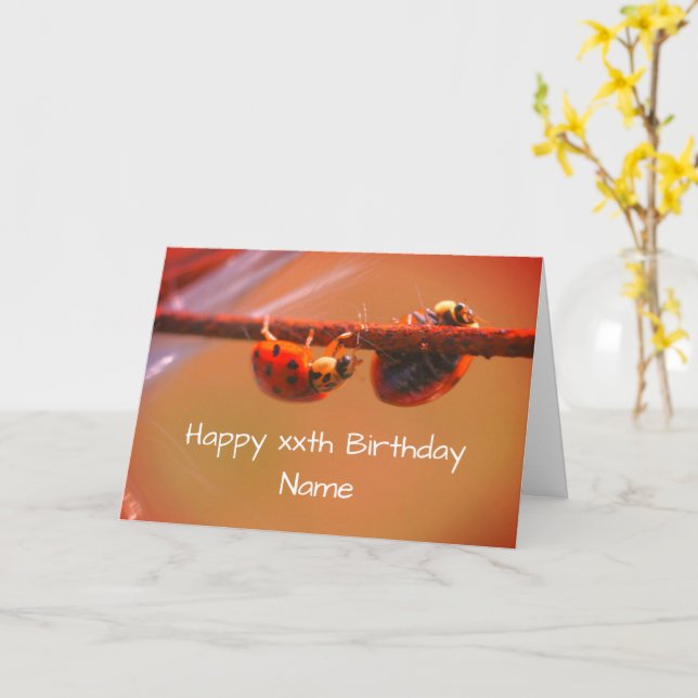 Balancing Ladybug Nature Personalize Birthday Card (Yellow Flower)