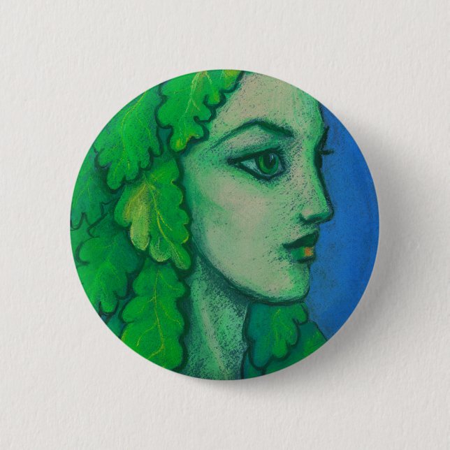 Balanis, dryad, green leaves, forest goddess, art 2 inch round button (Front)