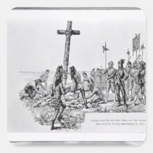 Balboa Setting up the Cross on the Shore Square Sticker