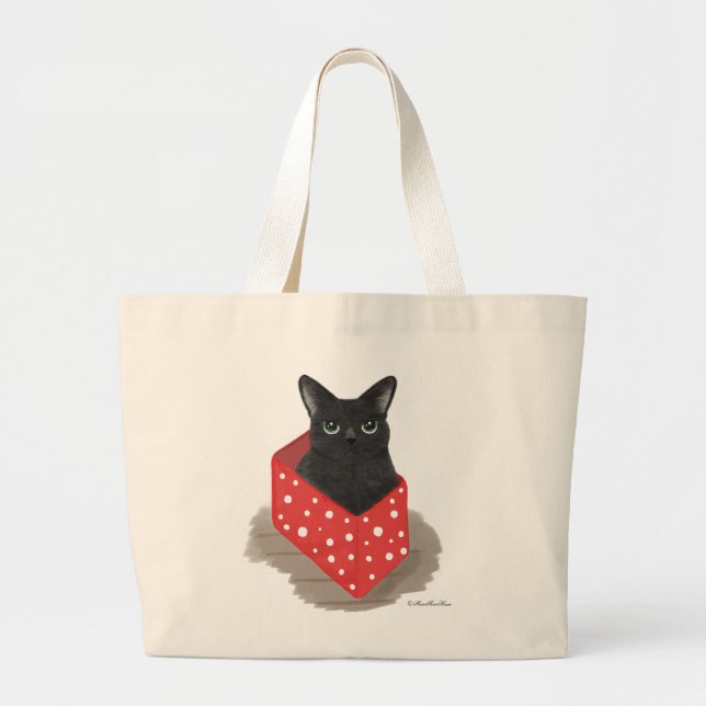 Balck cat in a red box large tote bag (Front)