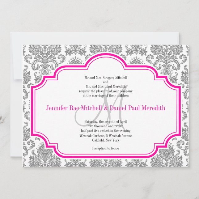 Balck Damask Hot Pink White Wedding Invitations (Front)