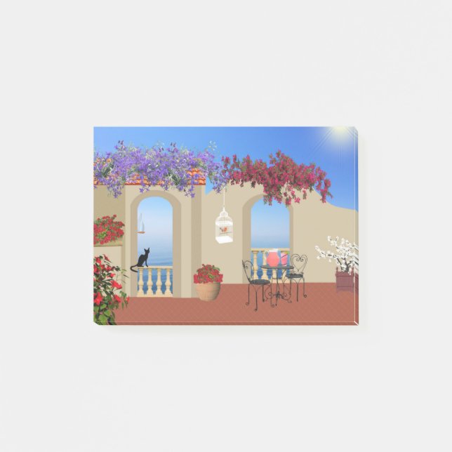 Balcony Outside Flowers Table Tranquility Seaside. Post-it Notes (Front)