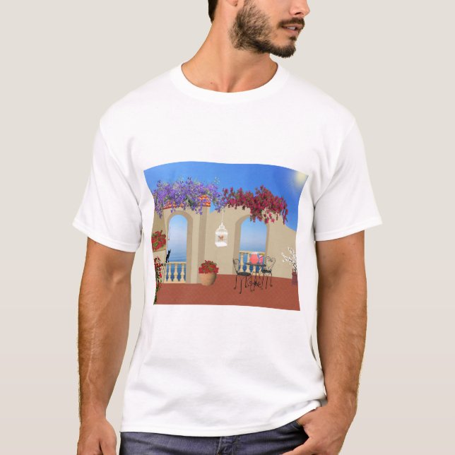 Balcony Outside Flowers Table Tranquillity Seaside T-Shirt (Front)