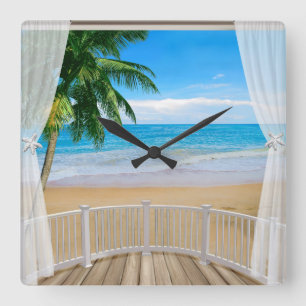 Balcony with a Beach Ocean View Square Wall Clock