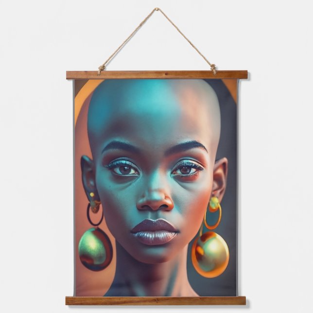 Bald african girl with long earrings gold hanging tapestry (Front)