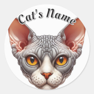 Bald and Wrinkly Grey Cat • Personalized Classic Round Sticker