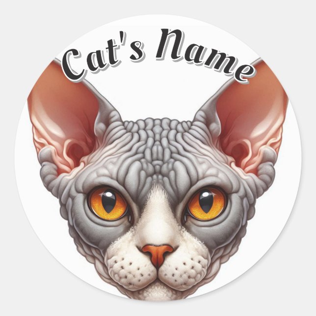 Bald and Wrinkly Grey Cat • Personalized Classic Round Sticker (Front)