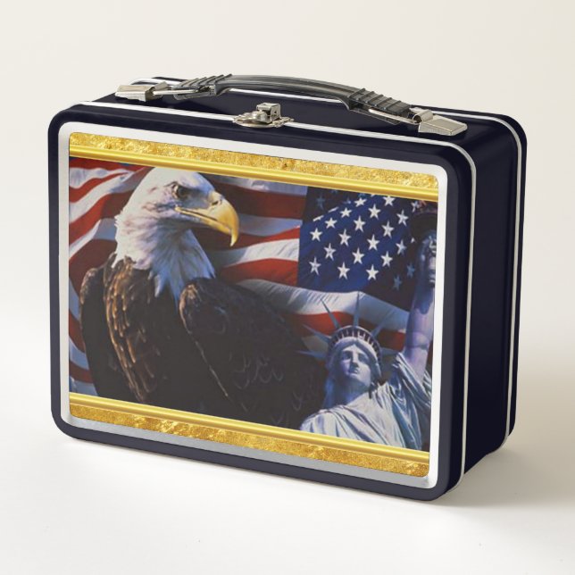 Bald Eagle an Statue of Liberty an American flag Metal Lunch Box (Front)