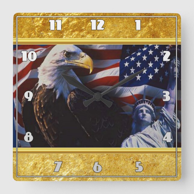 Bald Eagle an Statue of Liberty an American flag  Square Wall Clock (Front)