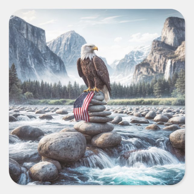 Bald Eagle and American Flag On a Cairn Square Sticker (Front)