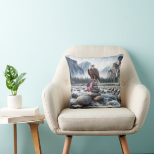 Bald Eagle and American Flag On a Cairn Throw Pillow