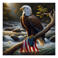 Bald Eagle and American Flag On a Tree Branch