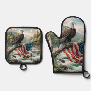 Bald Eagle And Flag On Tree Branch Oven Mitt & Pot Holder Set