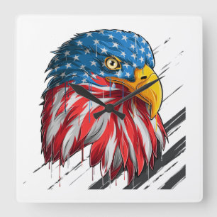 Bald Eagle Bird USA Flag Crying Symbol Square Wall Clock