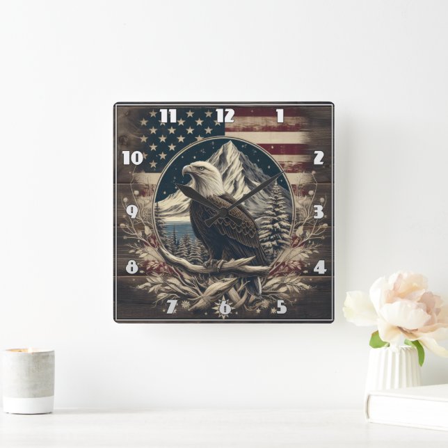 Bald Eagle by Mountains and Flag Square Wall Clock (Home)