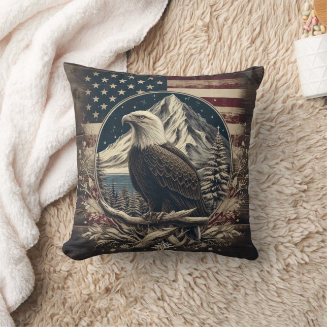 Bald Eagle by Mountains and Flag Throw Pillow (Blanket)