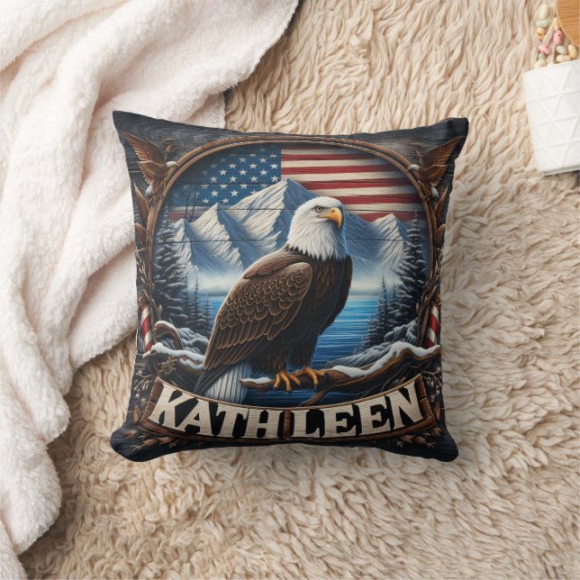 Bald Eagle by Mountains and Flag Throw Pillow (Blanket)