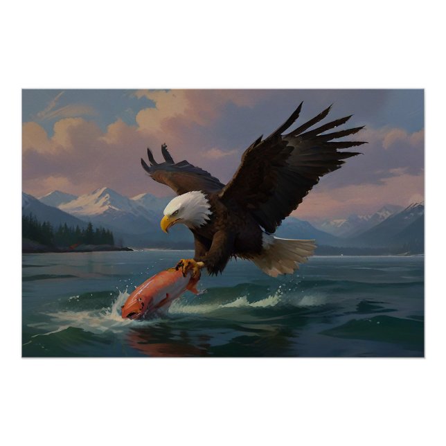Bald Eagle Catches a Salmon at Dusk Poster (Front)