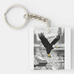 Bald Eagle Catching a Fish – Outline Coloring Page Keychain