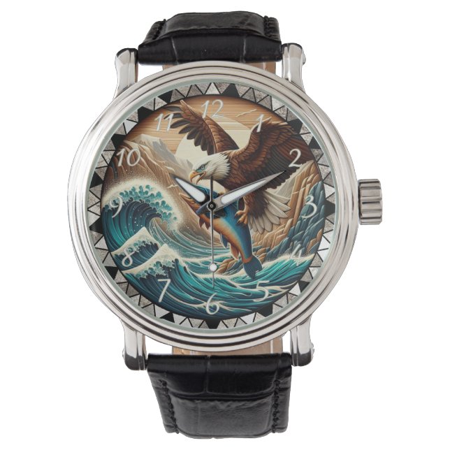 Bald Eagle Catching Fish Ocean Clock Watch (Front)