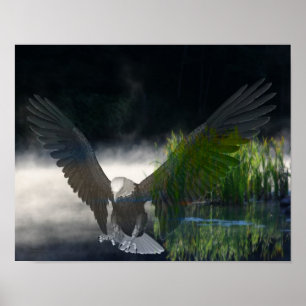 Bald Eagle Cattails Mist Pond Fantasy Art Poster