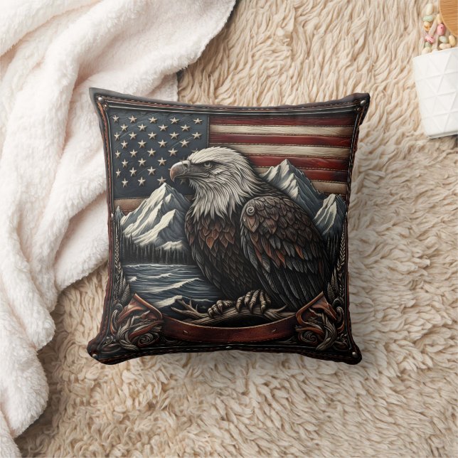 Bald Eagle Designed Against American Flag Motif Throw Pillow (Blanket)