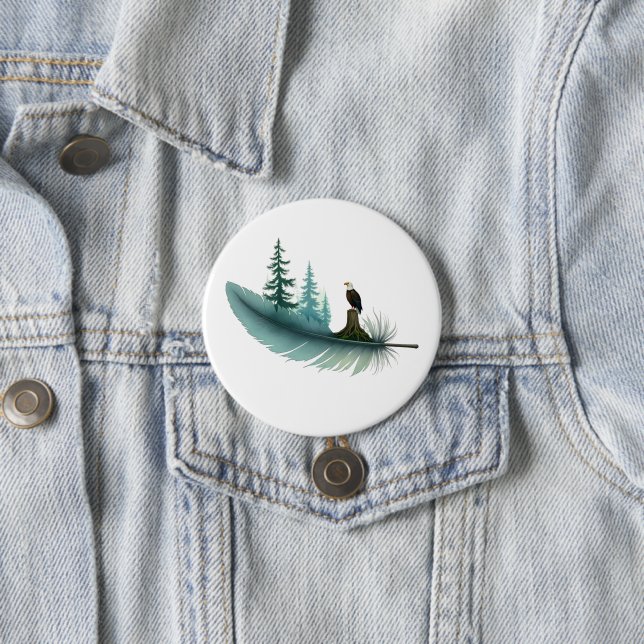 Bald Eagle Feather and Trees 3 Inch Round Button (In Situ)