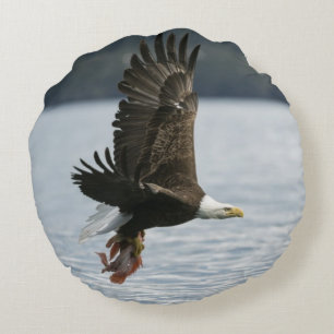 Bald Eagle Fish Retrieval Round Pillow