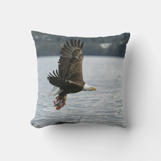 Bald Eagle Fish Retrieval Throw Pillow (Front)