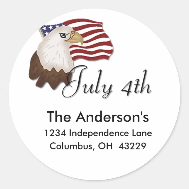 Bald Eagle & Flag July 4th Address Label/Stickers Classic Round Sticker (Front)