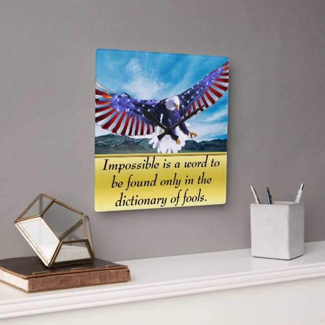 Bald Eagle flying in the sky with a American flag Square Wall Clock (Office)