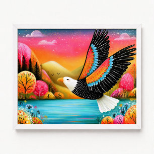 Bald Eagle Flying Pink Orange Floral Painting Poster