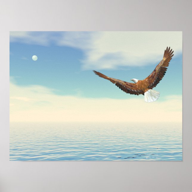 Bald eagle flying upon the ocean to the moon poster (Front)