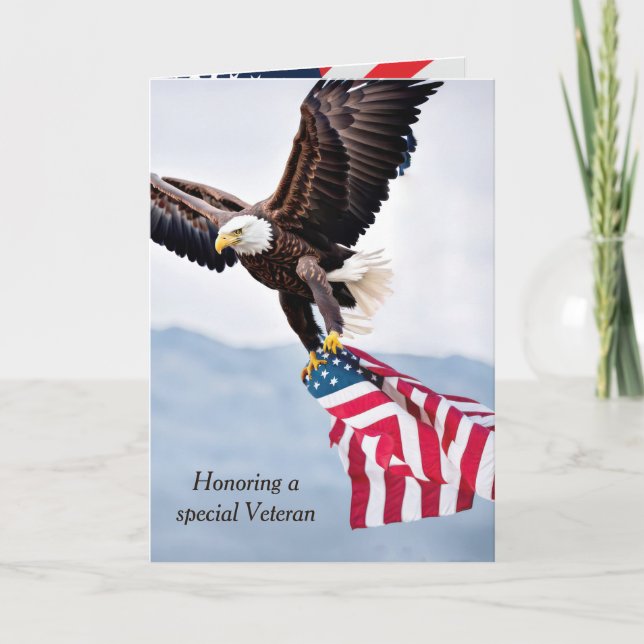 Bald Eagle Flying With a Flag for Veteran's Day Card (Front)
