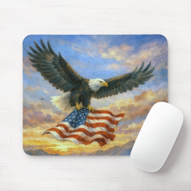Bald Eagle Flying With American Flag Mouse Pad (With Mouse)
