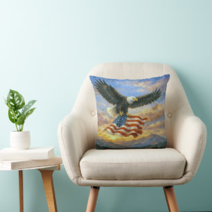 Bald Eagle Flying With American Flag Throw Pillow
