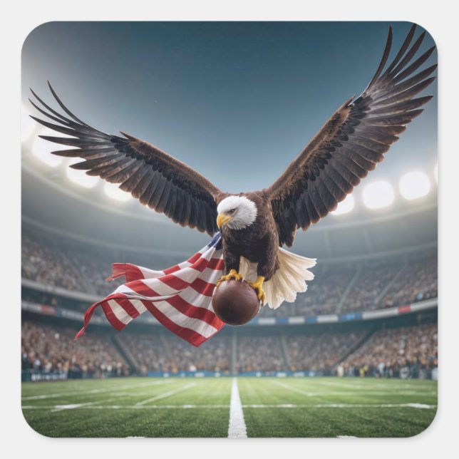 Bald Eagle Flying With Football and Flag Square Sticker (Front)