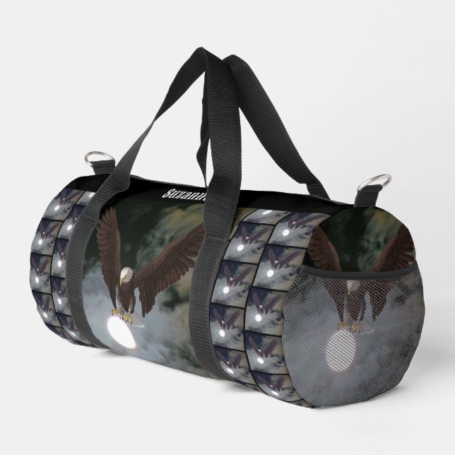Bald Eagle Full Moon Fantasy Personalized Duffle Bag (Right Corner)