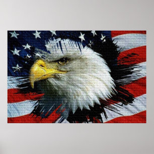 Bald Eagle head with a American flag behind him Poster