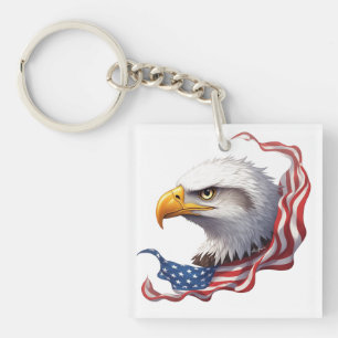 Bald Eagle Head with Flowing American Flag Keychain