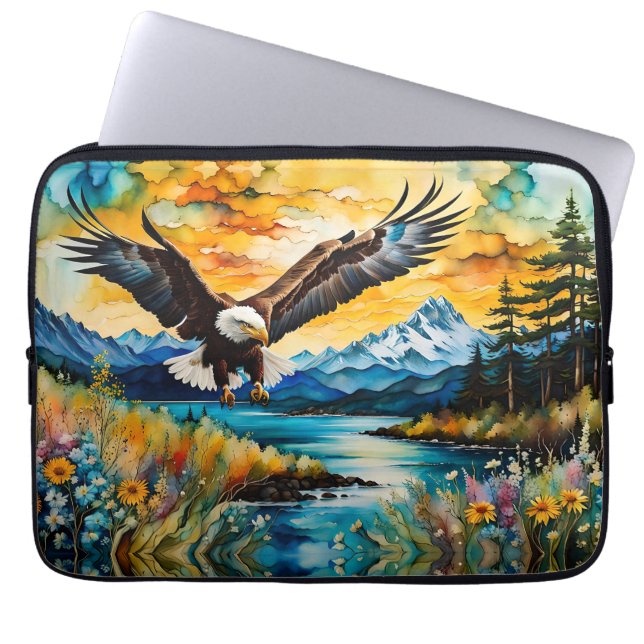 Bald Eagle Hunting in wildflowers Laptop Sleeve (Front)